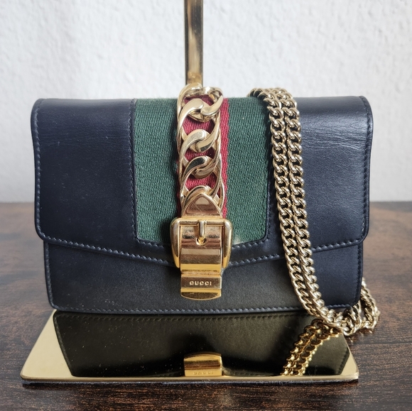 Gucci Calfskin Super Mini Sylvie Chain Shoulder Bag Black - Picture 1 of 16